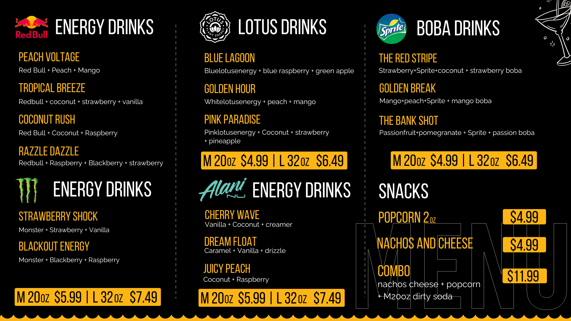 ENERGY DRINKS MENU
