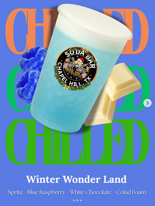 Blue drink with a straw and Cola'd Chilled logo on a blue background with text.